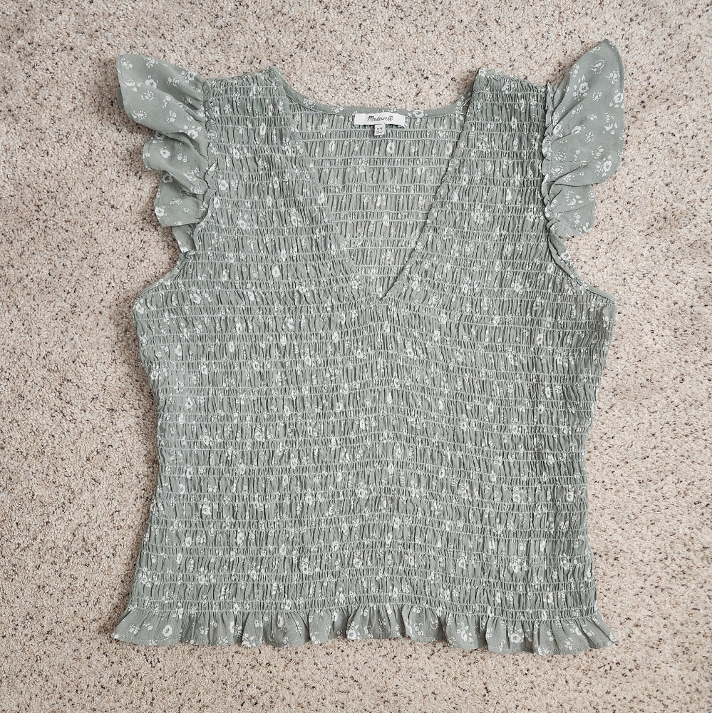 Madewell Lucie V-neck Smocked Top In Frosted Willow - Picture 1 of 6